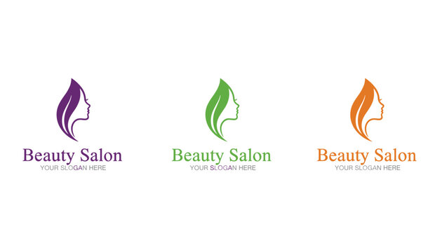 Beauty salon brand identity showcases three elegant logos featuring a woman's profile combined with a leaf shape.