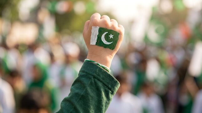 pakistan independence day Hand raised in a clenched fist displays a painted Pakistani flag against a blurred crowd of festive participants.