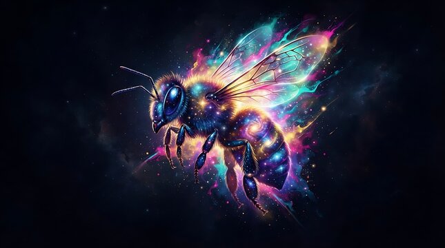 A magical glowing bee flying through a vibrant cosmic nebula space background.