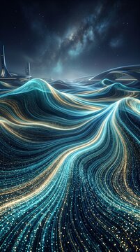 A mesmerizing abstract landscape featuring luminous blue and golden data streams flowing like waves under a dramatic, cloudy sky with distant futuristic structures.