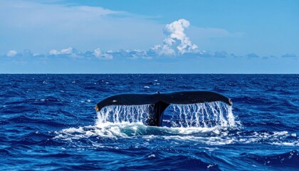 Naklejka premium Large Whale Tail Rising Above Deep Blue Ocean Under Bright Sky