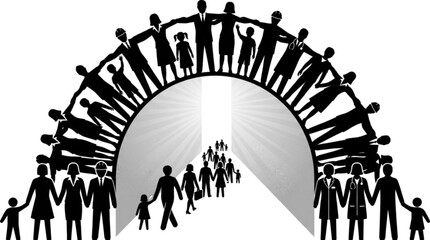 Naklejka premium Diverse group people holding hands forming archway leading towards bright light future unity concept with illustration diverse professionals teamwork