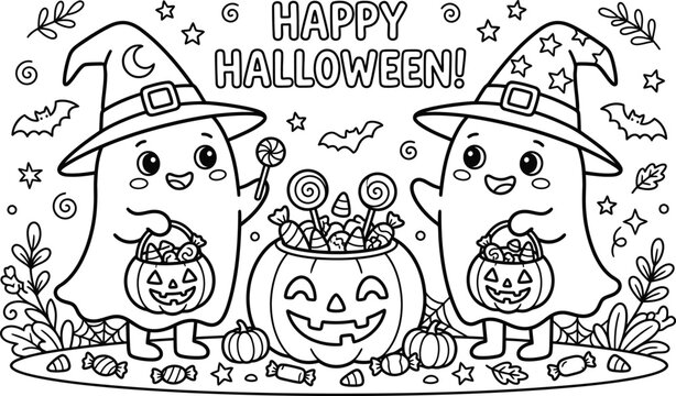 Cute cartoon ghosts wearing witch hats with pumpkins in a festive halloween themed black and white silhouette