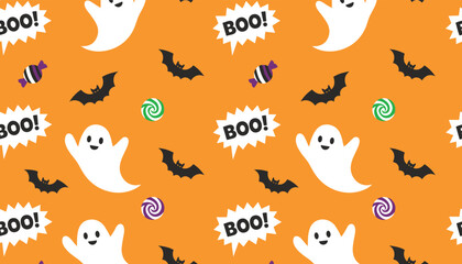 Naklejka premium Repeating seamless pattern for halloween includes cheerful ghosts, flying bats, wrapped candies, and jagged speech bubbles with the text boo.