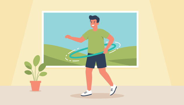 Happy man enjoys a fun workout by spinning a hula hoop around his waist in a bright and comfortable living room.