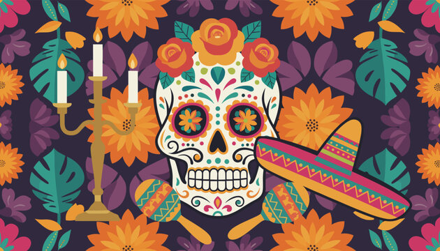 Vibrant Day of the Dead illustration features a decorated sugar skull with a candelabra maracas and a mexican sombrero.