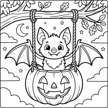 Cute bat sitting on a carved jack o lantern pumpkin hanging from a tree branch in silhouette