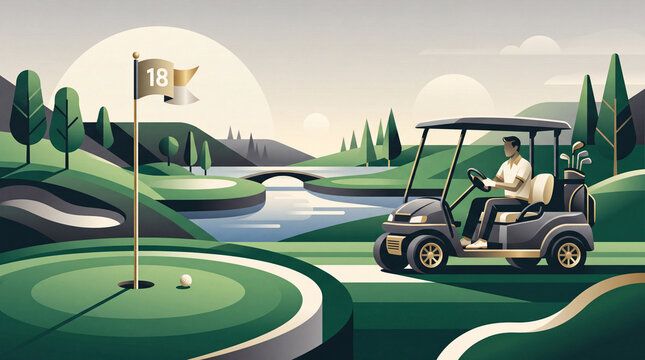 National Golf Month luxury golf cart and course vector illustration