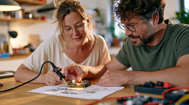 Electrical engineer and partner at a warm kitchen table reviewing circuit blueprints together, soldering iron resting on a holder, intimate home workspace couple dynamic, electronics career, hardwar
