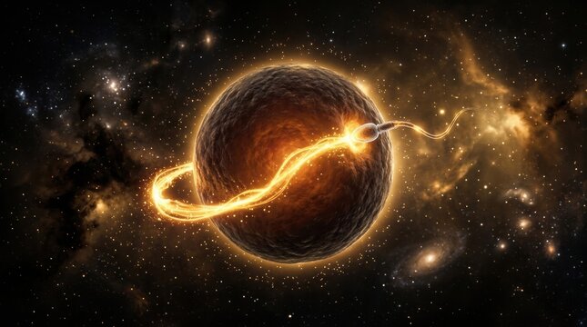 A sperm cell interacts with an egg in a creative concept that represents fertility and reproductive health within a cosmic background.