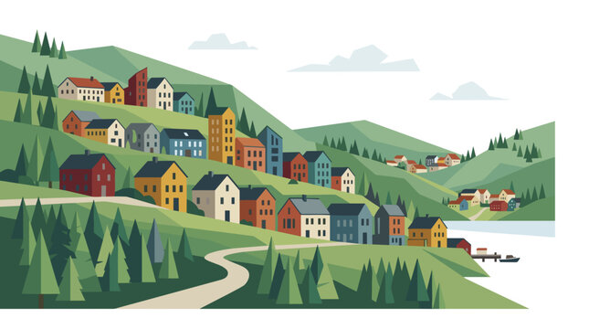 Flat geometric vector illustration of a scenic mountain village with colorful houses nestled on green hills by a lakeside for travel posters