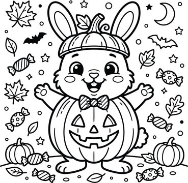 Cute bunny wearing a pumpkin costume for halloween celebration in a festive black and white line art silhouette