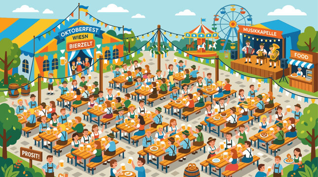 Busy Oktoberfest festival park with people celebrating in beer tent, wurst and pretzel stalls, ferris wheel and carousel, colorful flat vector illustration