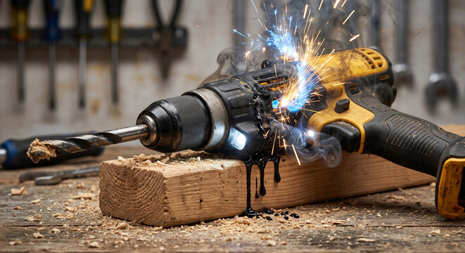 Burning cordless drill sparks wood sparks electrical malfunction tool damage.