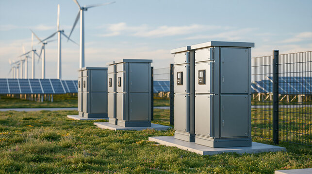 Battery energy storage system cabinets operating in renewable field with wind turbines and solar panels.