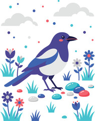 Fototapeta premium Cute cartoon magpie bird standing in a field of flowers illustration