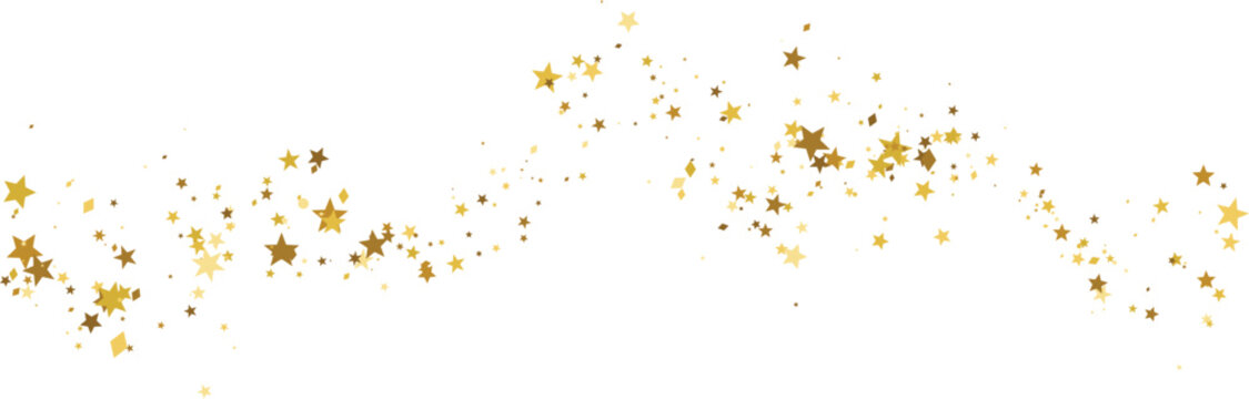 Golden star confetti flowing in a wave against a white background with bokeh effect
