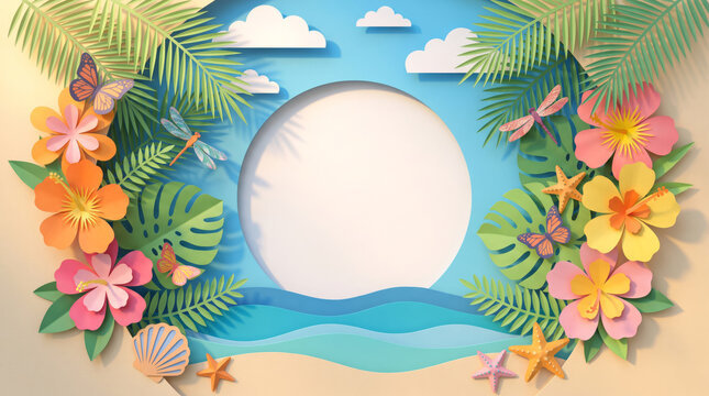 Papercraft tropical leaves flowers background