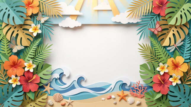 Papercraft tropical leaves flowers background