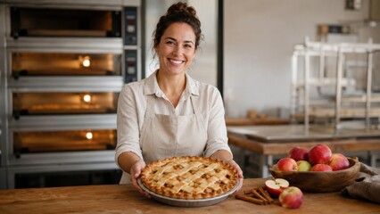 Woman holding freshly baked apple pie in a bakery, surrounded by apples and cinnamon sticks, with ovens and wooden countertops in the background