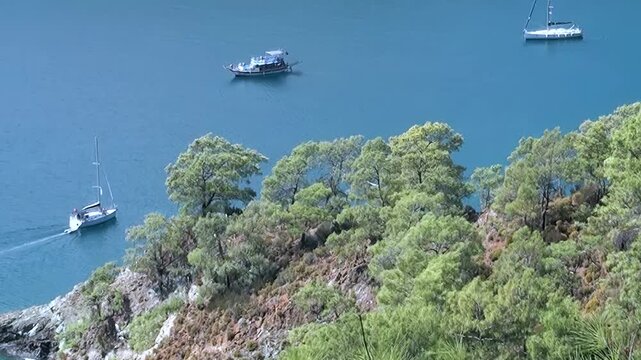 Discover Oludeniz Bay, Turkey, where a sailboat carves its path through sapphire waters. A larger vessel rests offshore, complementing the vibrant, forested coastline under a bright, peaceful sky.