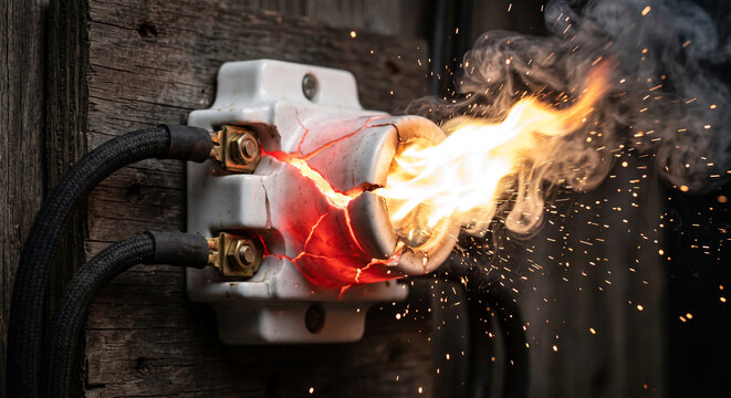 Overheated cracked ceramic electrical fuse on wooden wall with sparks and flames.