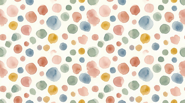 Seamless watercolor polka dots pattern soft imperfect dots blush terracotta blue sage mustard hand-painted