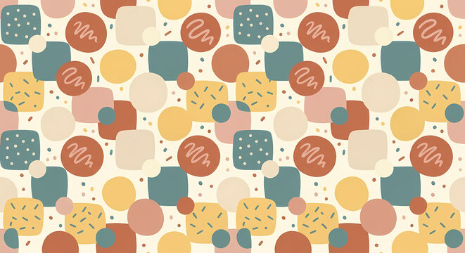 Soft postmodern geometric seamless pattern rounded squares circles muted teal terracotta yellow blush postmodern 80s