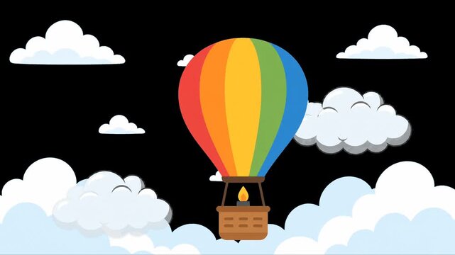An animation of a hot air balloon floating above the clouds against a black background.