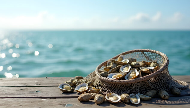 Fresh Oysters in Fishing Net on Wooden Pier by the Sea with Copy Space
