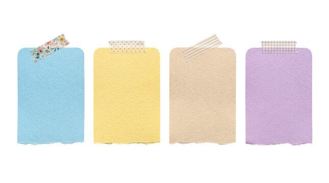 Cute Pastel Sticky Notes PNG Set, Four Rounded Torn Paper Scrap Cards with Patterned Washi Tape, Aesthetic Note Sheets Banner Isolated Overlay
