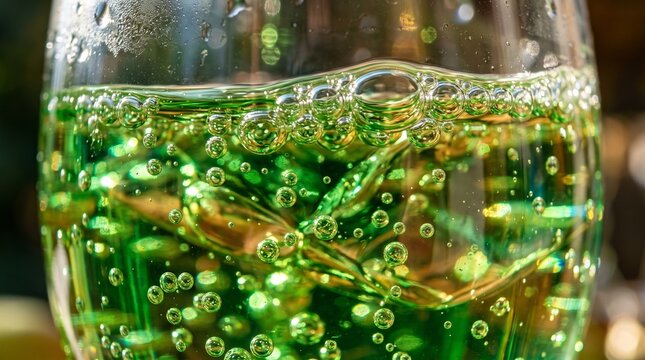 Close up of sparkling green apple juice with effervescent bubbles in a glass