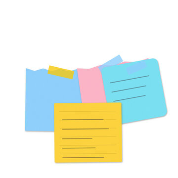 Group of colorful adhesive paper notes with written message lines as transparent cutout
