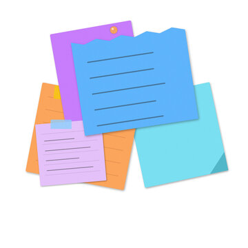 Set of colorful adhesive sticky notes layered with adhesive stationery supplies colorful reminder messages on transparent background