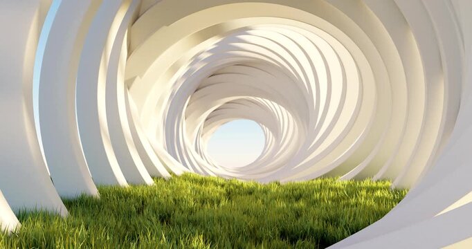 3D Render of Futuristic Abstract Geometric Spiral Tunnel on Green Grass Field