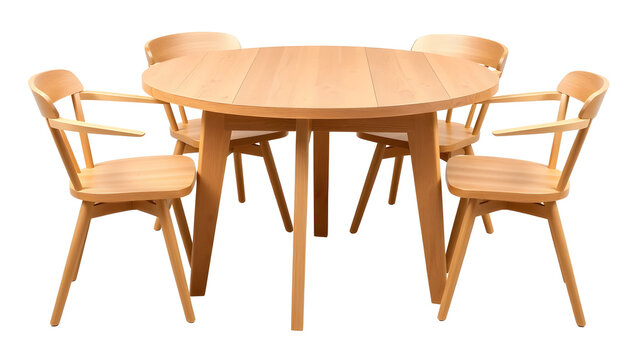 Contemporary round oak dining table with splayed cross legs, four wooden chairs, clean white backdrop, high-key studio lighting layout.