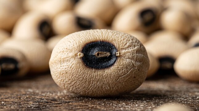 Extreme close-up of a single black-eyed pea with a textured surface and dark eye