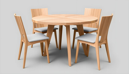 Fototapeta premium Modern minimalist round oak dining table with an x-shaped base, paired with modern gray cushioned wooden dining chairs, neutral studio setup.