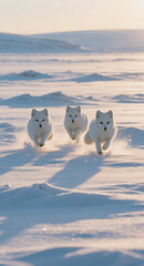 Naklejka premium Three arctic foxes running together across snowy landscape at golden hour creating dynamic action and playful winter scene in crisp polar light