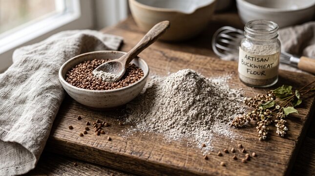 Whole grain buckwheat flour and groats displayed on a rustic wooden board