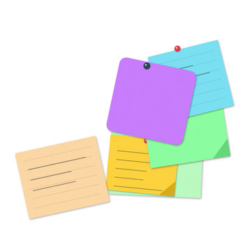 Group of colorful memo notes with push pins adhesive stationery supplies reminder messages organizer planning as isolated PNG