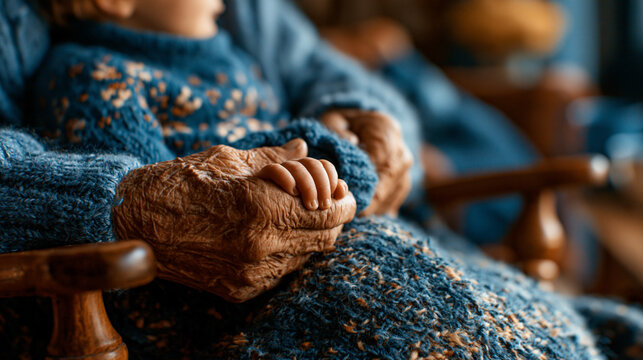 Elderly person holding tiny hand of a baby in a loving gesture with generation, connection