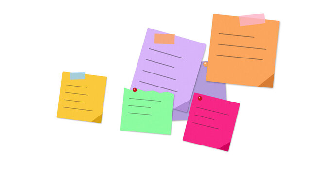 Collection of colorful sticky notes arranged in a cluster for project planning and office reminders as cut out PNG