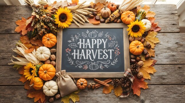 A festive chalkboard sign with happy harvest lettering surrounded by autumn pumpkins sunflowers and fall foliage on a rustic wooden background for happy thanksgiving celebration