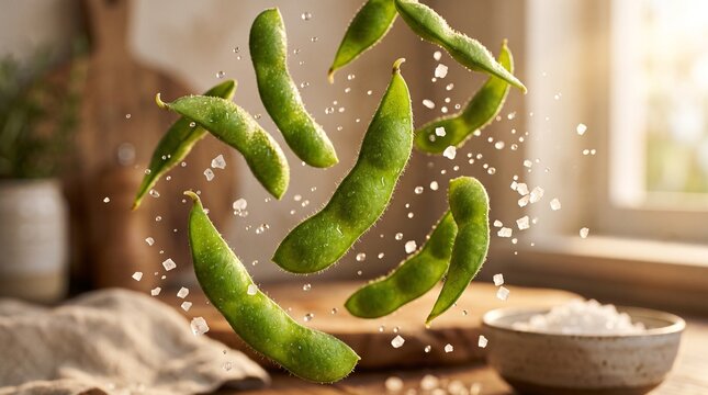Fresh edamame pods with sea salt crystals scattered in mid-air