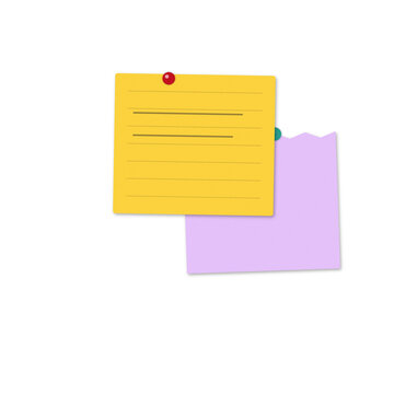 Yellow sticky note with lines and a purple square note attached with colorful push pins on a for office notes as isolated object