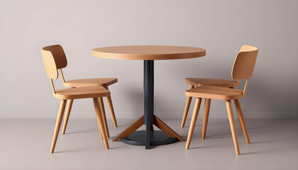 Fototapeta premium Contemporary minimalist round dining table with a black metal central column base and light wooden top, small wooden chairs, neutral wall background, modern architectural lighting.