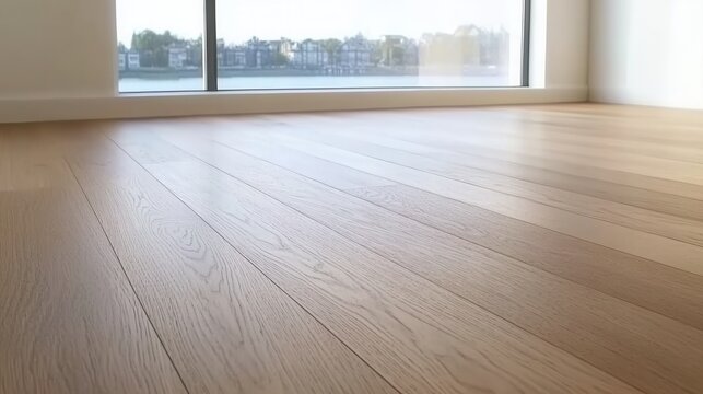 Empty room with wooden floor and large window view