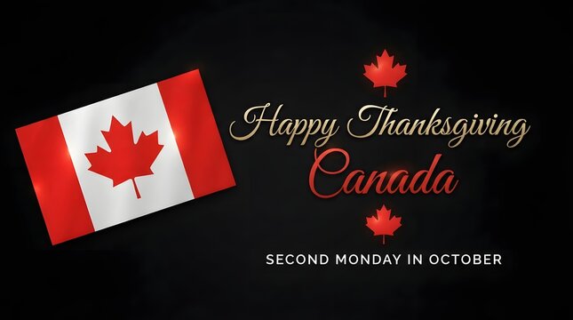 A festive greeting card design featuring the canadian flag and maple leaf icons with elegant typography wishing everyone a very happy thanksgiving in canada today