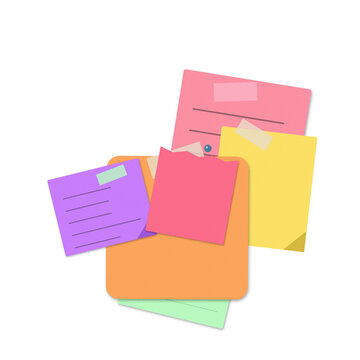 Assorted square sticky notes overlapping as a collage of office stationery for information management and organization as cut out PNG